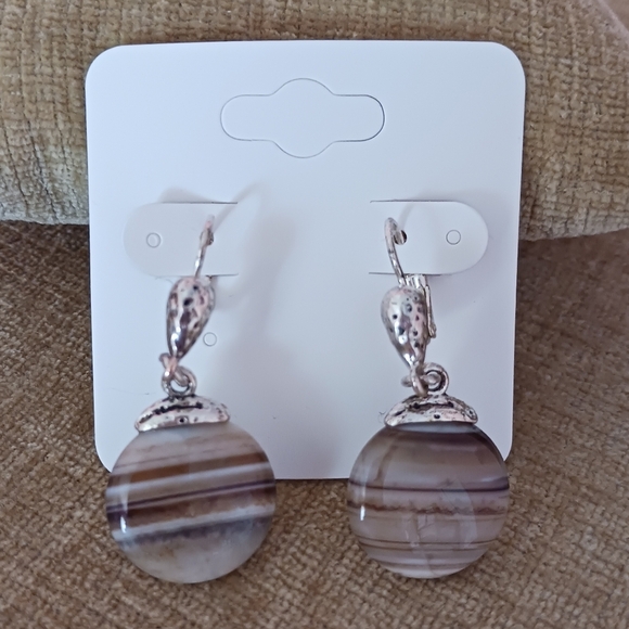 Silver Tone Leverback Brown Striped Stone Earrings - Picture 7 of 13
